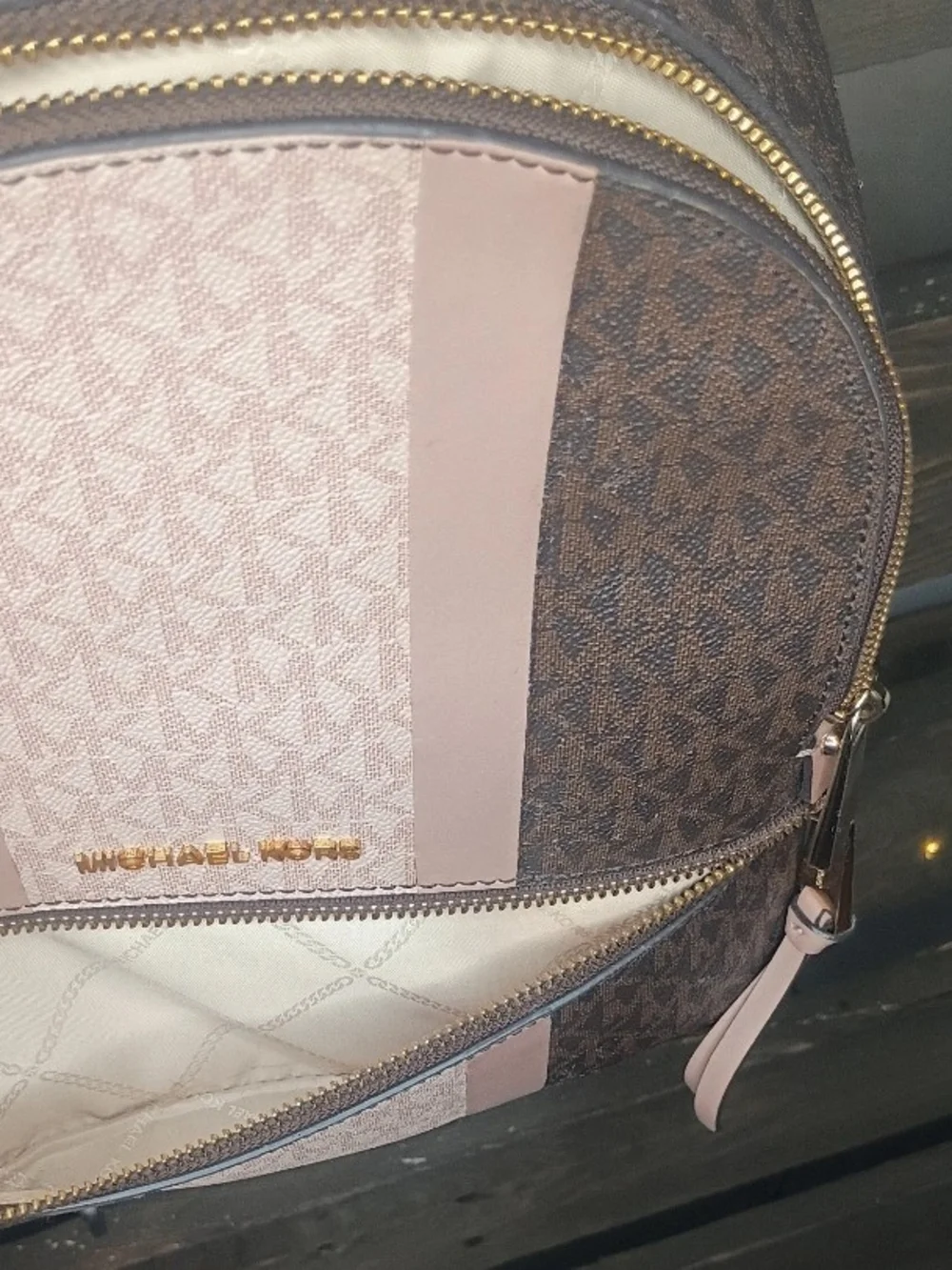 Michael Kors Rhea Zip Stripe Medium Backpack Pink & Brown Monogram